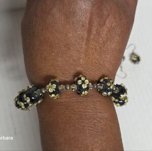 Czech Black Glass Millefiori Floral Bead Bracelet and Hook Pierced Earrings Set